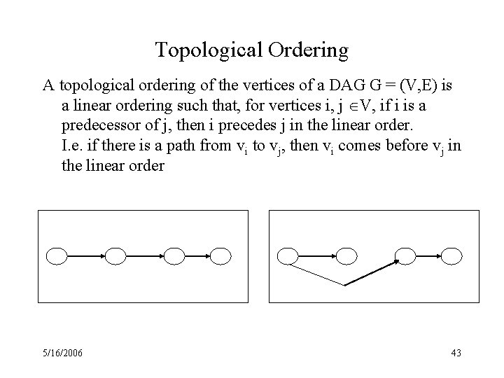 Topological Ordering A topological ordering of the vertices of a DAG G = (V,