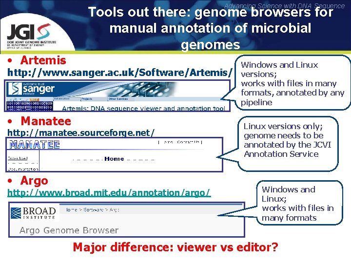 Advancing Science with DNA Sequence Tools out there: genome browsers for manual annotation of