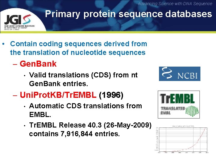 Advancing Science with DNA Sequence Primary protein sequence databases • Contain coding sequences derived