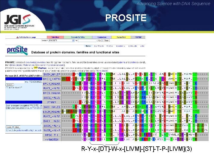 Advancing Science with DNA Sequence PROSITE http: //au. expasy. org/prosite/ R-Y-x-[DT]-W-x-[LIVM]-[ST]-T-P-[LIVM](3) 