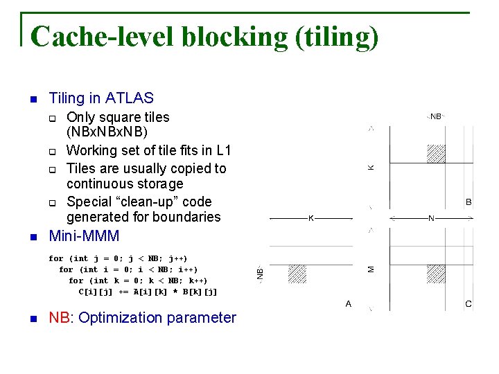 Cache-level blocking (tiling) n Tiling in ATLAS q q n Only square tiles (NBx.