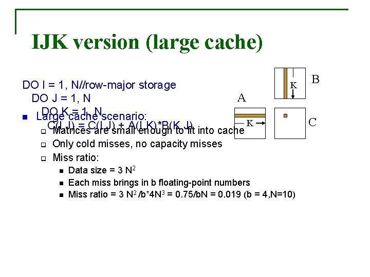 IJK version (large cache) DO I = 1, N//row-major storage A DO J =