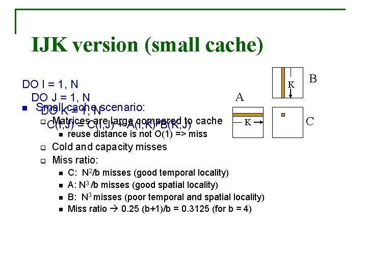 IJK version (small cache) DO I = 1, N DO J = 1, N