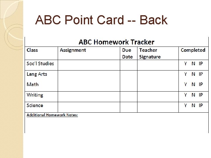 ABC Point Card -- Back 