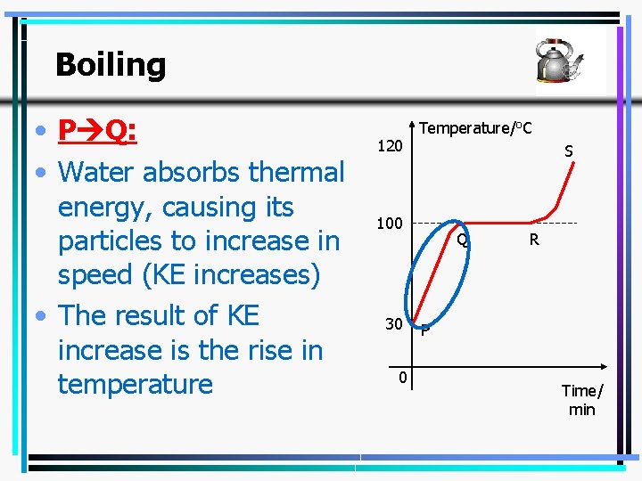 Boiling • P Q: • Water absorbs thermal energy, causing its particles to increase