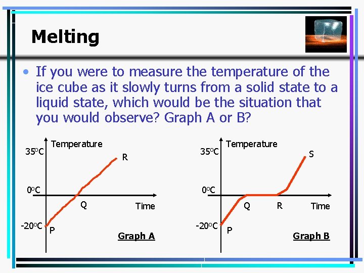 Melting • If you were to measure the temperature of the ice cube as