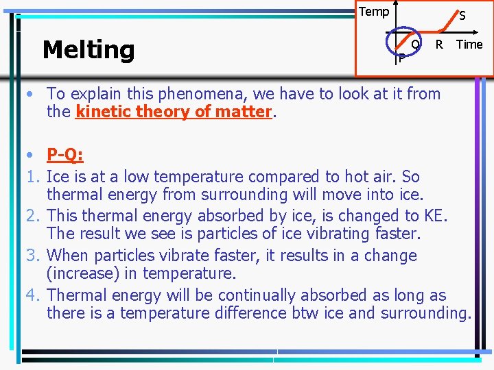 Temp Melting S P Q R Time • To explain this phenomena, we have