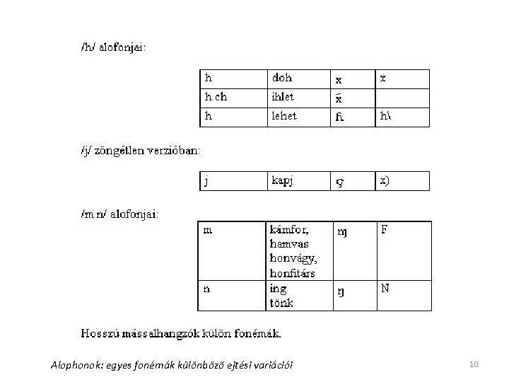 Alophonok: egyes fonémák különböző ejtési variációi 10 