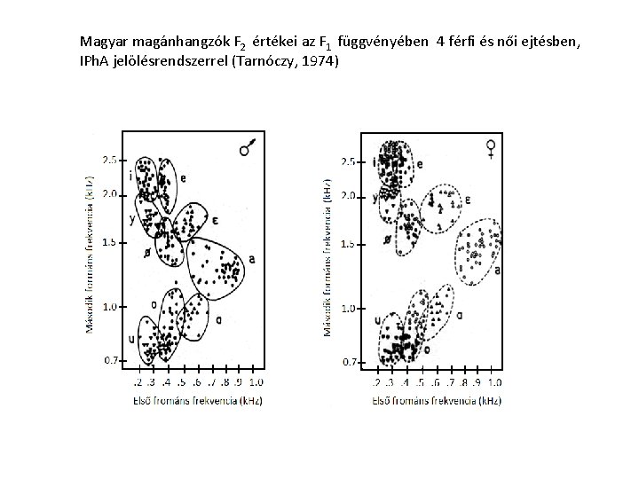Magyar magánhangzók F 2 értékei az F 1 függvényében 4 férfi és női ejtésben,