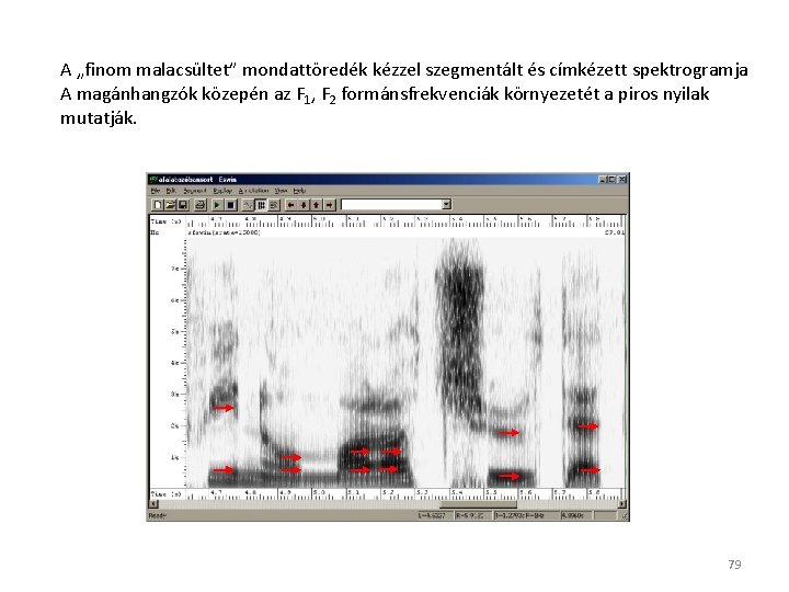 A „finom malacsültet” mondattöredék kézzel szegmentált és címkézett spektrogramja A magánhangzók közepén az F