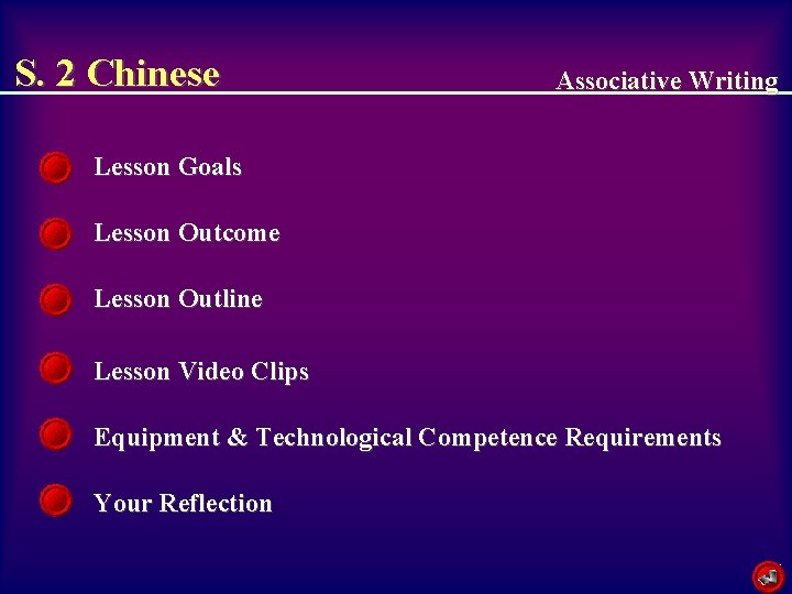 S. 2 Chinese Associative Writing Lesson Goals Lesson Outcome Lesson Outline Lesson Video Clips