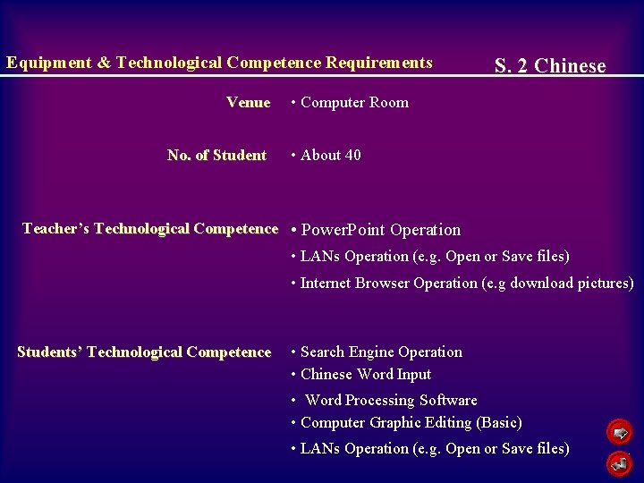 Equipment & Technological Competence Requirements Venue No. of Student S. 2 Chinese • Computer