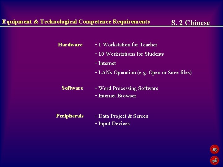 Equipment & Technological Competence Requirements Hardware S. 2 Chinese • 1 Workstation for Teacher