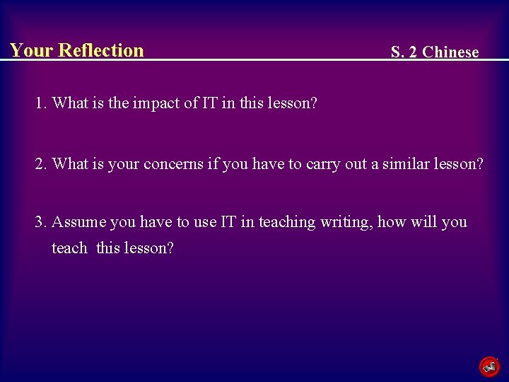 Your Reflection S. 2 Chinese 1. What is the impact of IT in this