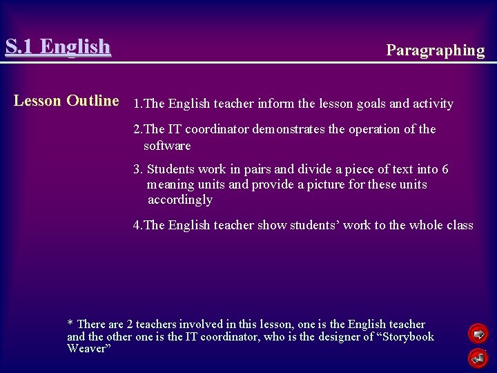 S. 1 English Paragraphing Lesson Outline 1. The English teacher inform the lesson goals