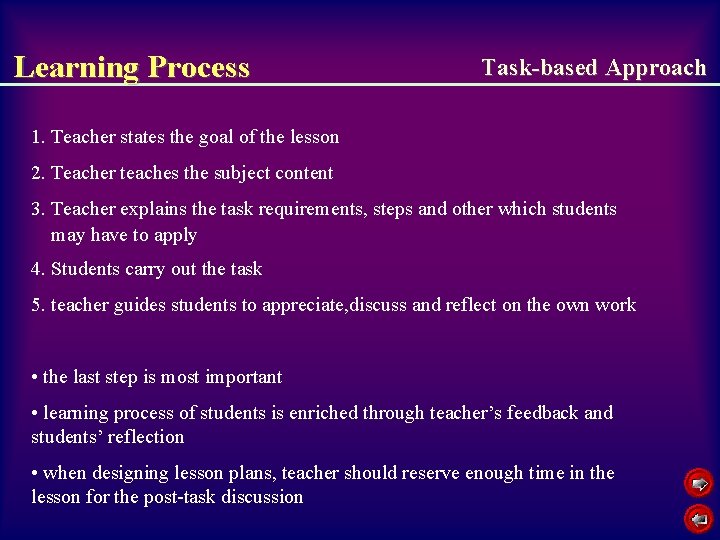 Learning Process Task-based Approach 1. Teacher states the goal of the lesson 2. Teacher
