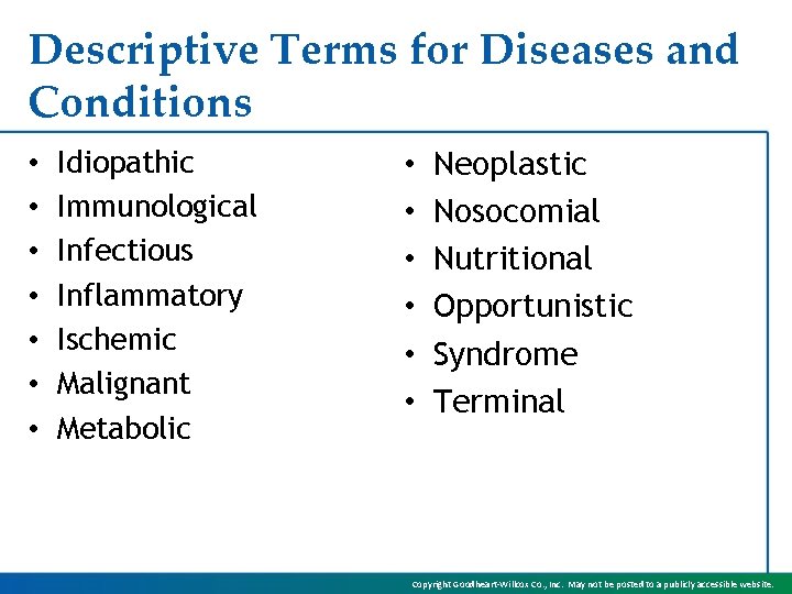 Descriptive Terms for Diseases and Conditions • • Idiopathic Immunological Infectious Inflammatory Ischemic Malignant