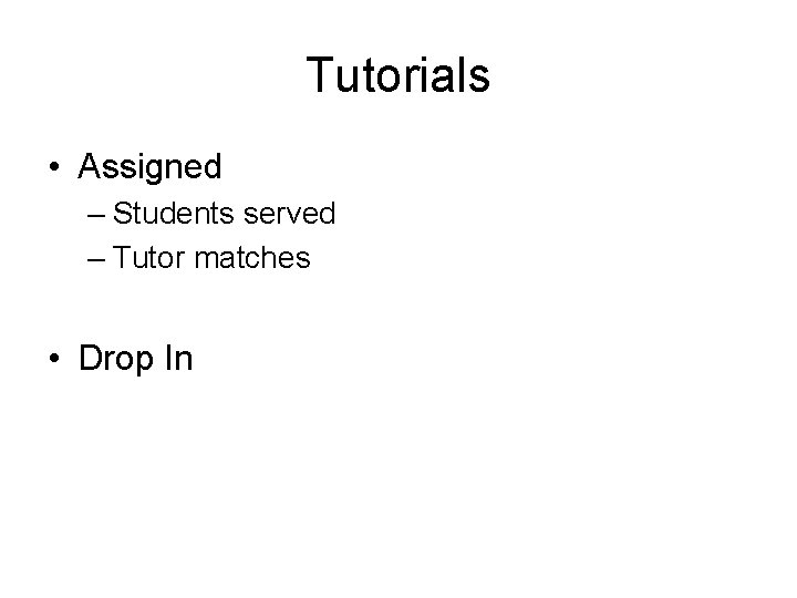 Tutorials • Assigned – Students served – Tutor matches • Drop In 
