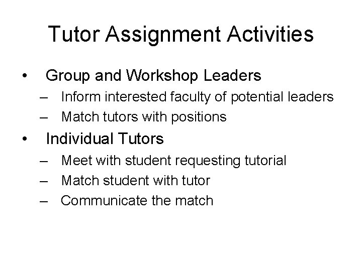 Tutor Assignment Activities • Group and Workshop Leaders – Inform interested faculty of potential