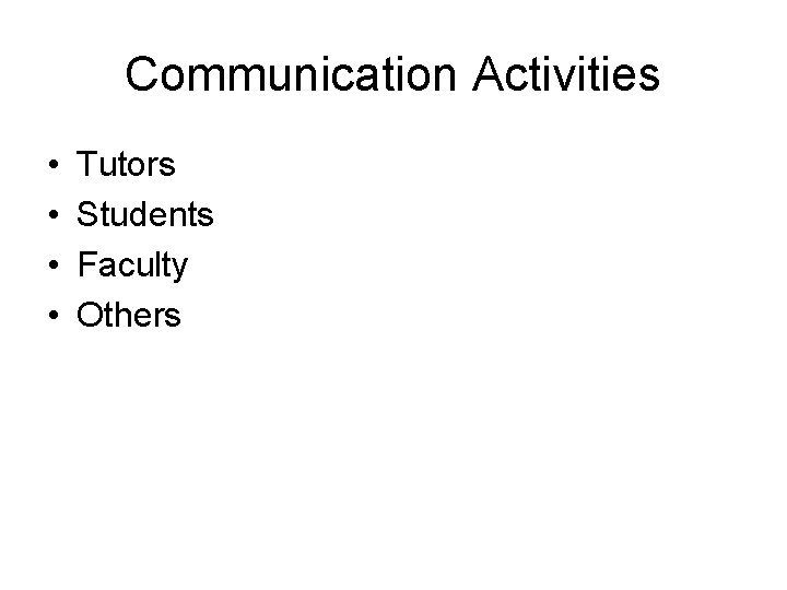 Communication Activities • • Tutors Students Faculty Others 