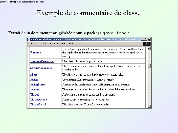 javadoc  Exemple de commentaire de classe Extrait de la documentation générée pour le