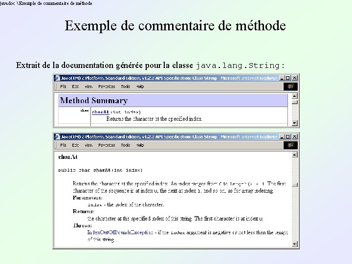 javadoc  Exemple de commentaire de méthode Extrait de la documentation générée pour la