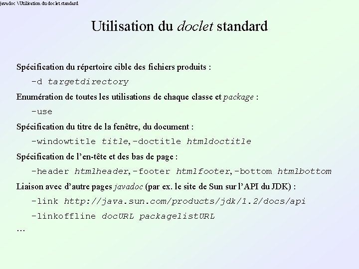 javadoc  Utilisation du doclet standard Spécification du répertoire cible des fichiers produits :