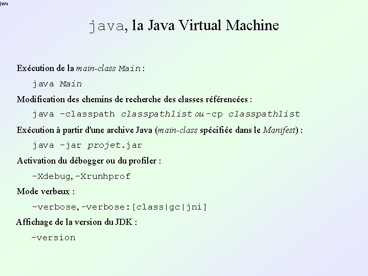 java, la Java Virtual Machine Exécution de la main-class Main : java Main Modification