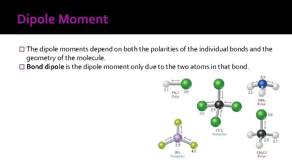 Dipole Moment � The dipole moments depend on both the polarities of the individual