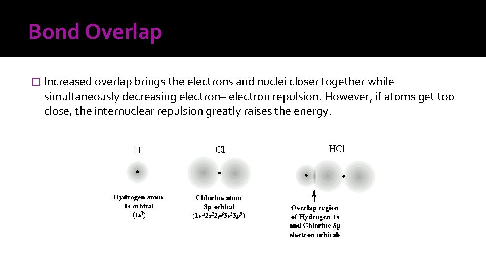 Bond Overlap � Increased overlap brings the electrons and nuclei closer together while simultaneously