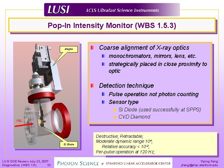 Pop-In Intensity Monitor (WBS 1. 5. 3) stages Coarse alignment of X-ray optics monochromators,