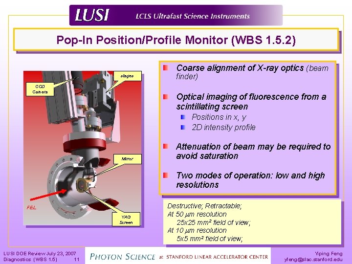 Pop-In Position/Profile Monitor (WBS 1. 5. 2) Coarse alignment of X-ray optics (beam stages