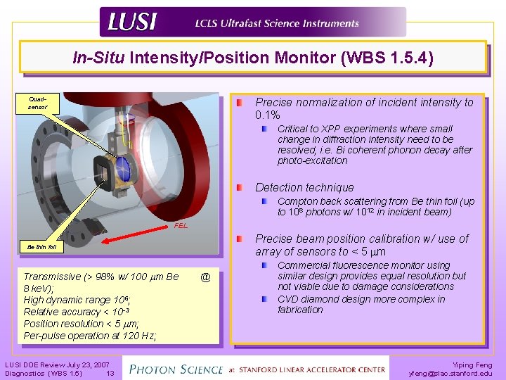 In-Situ Intensity/Position Monitor (WBS 1. 5. 4) Quadsensor Precise normalization of incident intensity to