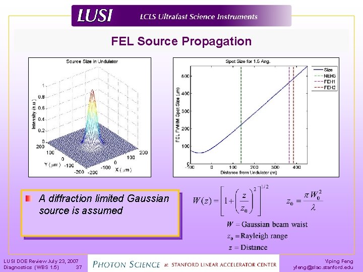 FEL Source Propagation A diffraction limited Gaussian source is assumed LUSI DOE Review July