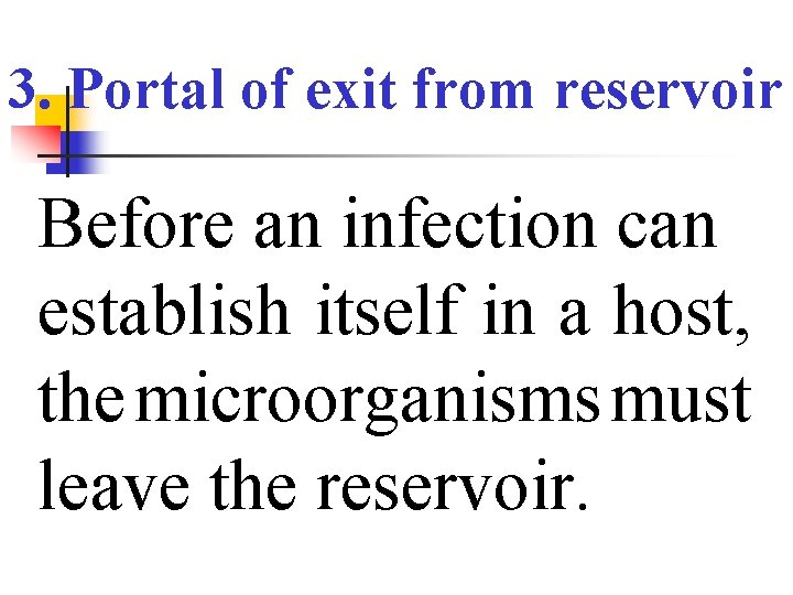 3. Portal of exit from reservoir Before an infection can establish itself in a