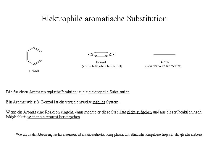 Elektrophile aromatische Substitution Die für einen Aromaten typische Reaktion ist die elektrophile Substitution. Ein