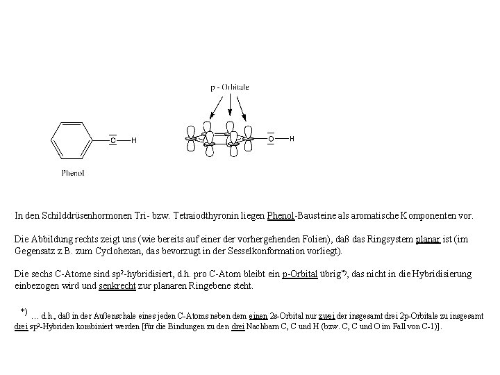 In den Schilddrüsenhormonen Tri- bzw. Tetraiodthyronin liegen Phenol-Bausteine als aromatische Komponenten vor. Die Abbildung