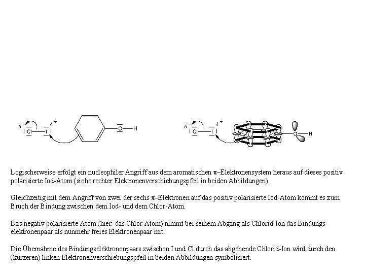 Logischerweise erfolgt ein nucleophiler Angriff aus dem aromatischen π–Elektronensystem heraus auf dieses positiv polarisierte