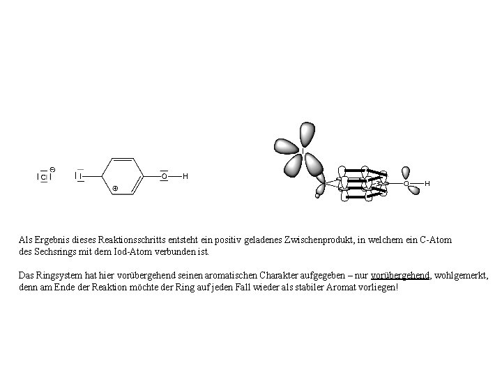 Als Ergebnis dieses Reaktionsschritts entsteht ein positiv geladenes Zwischenprodukt, in welchem ein C-Atom des