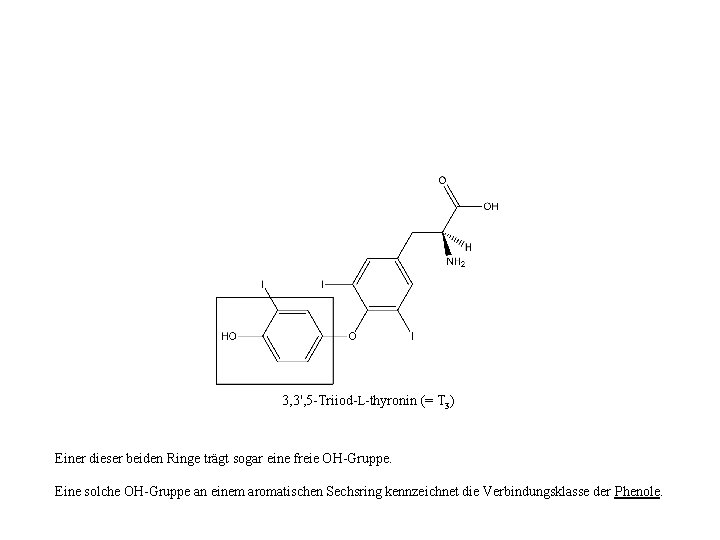 3, 3', 5 -Triiod-L-thyronin (= T 3) Einer dieser beiden Ringe trägt sogar eine