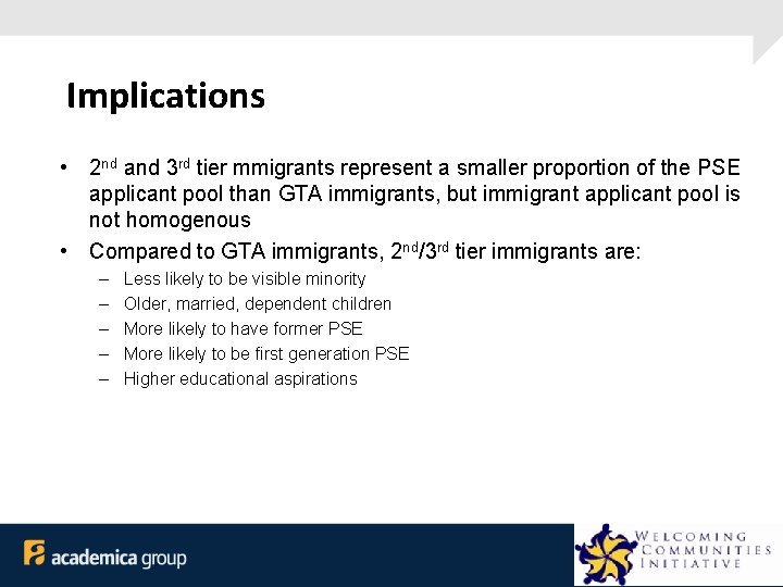 Implications • 2 nd and 3 rd tier mmigrants represent a smaller proportion of