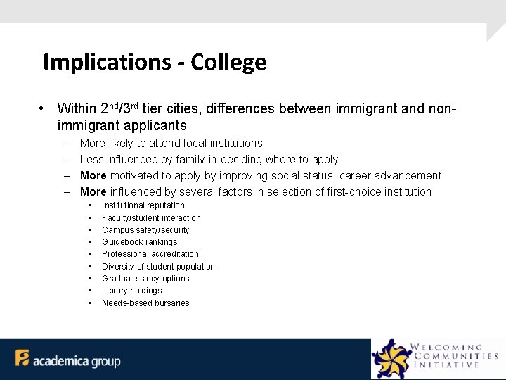 Implications - College • Within 2 nd/3 rd tier cities, differences between immigrant and