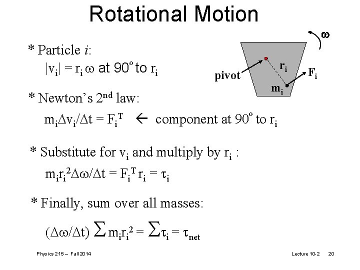 Rotational Motion * Particle i: |vi| = ri at 90º to ri pivot w