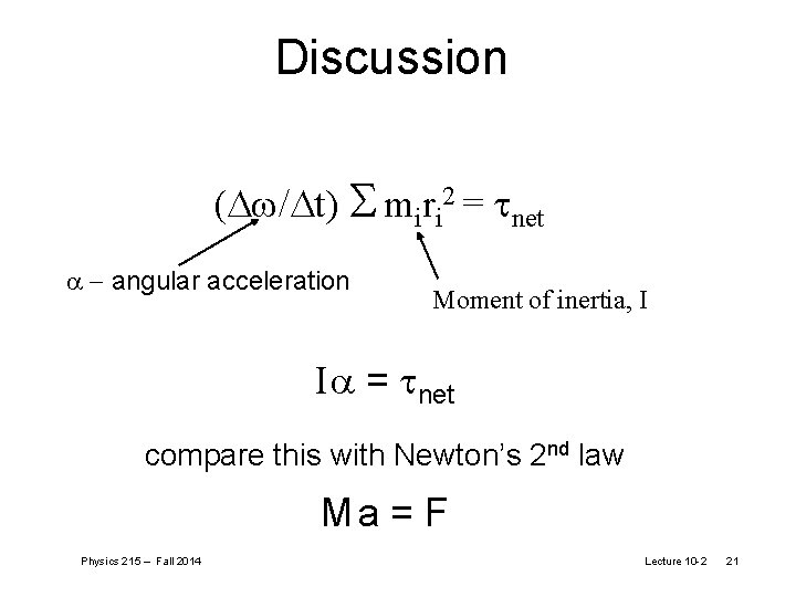 Discussion D /Dt) S miri 2 = net a - angular acceleration Moment of