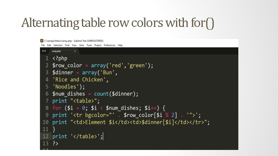 Alternating table row colors with for() 