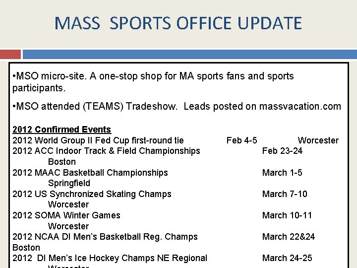 MASS SPORTS OFFICE UPDATE • MSO micro-site. A one-stop shop for MA sports fans