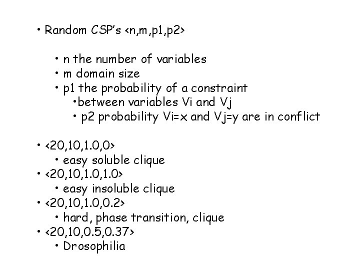  • Random CSP’s <n, m, p 1, p 2> • n the number