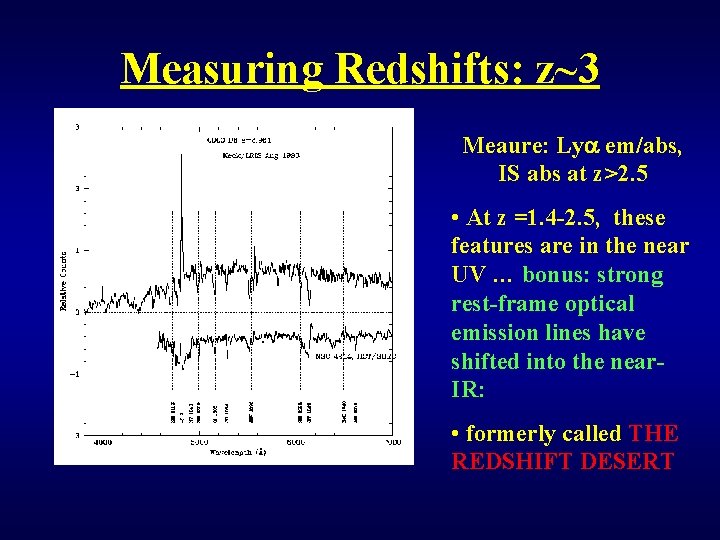 Measuring Redshifts: z~3 Meaure: Ly em/abs, IS abs at z>2. 5 • At z