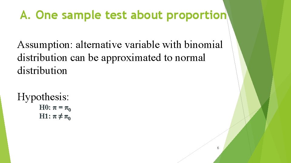 A. One sample test about proportion Assumption: alternative variable with binomial distribution can be