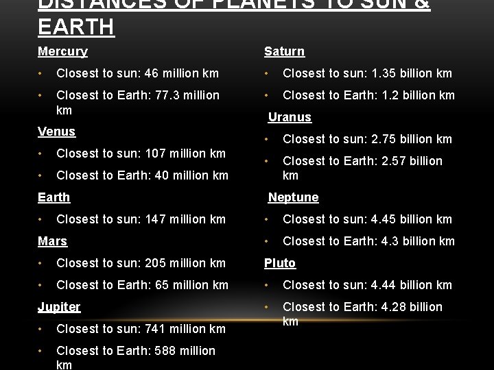 DISTANCES OF PLANETS TO SUN & EARTH Mercury Saturn • Closest to sun: 46